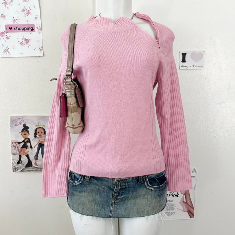/ BCleo Petites Y2K Pink Ribbed Mock Neck Zip-Shoulder Sweater S/P — Coquette - Picture 2 of 7